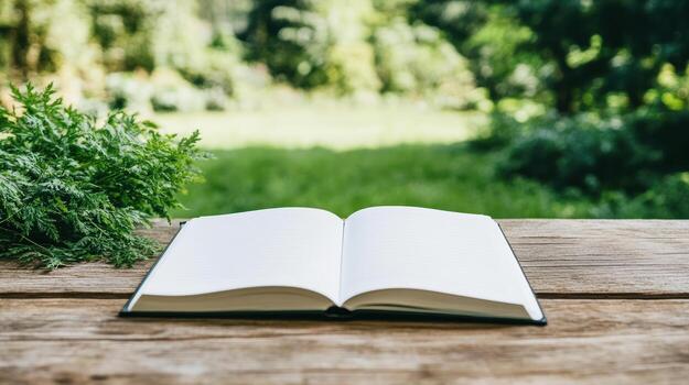 An open book on a wooden table in the garden photo