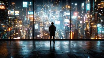 A man standing in front of a large window looking at city lights photo
