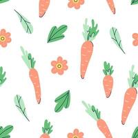 Seamless pattern with carrots and flowers on white background. Flat hand drawn illustration with partial outline. illustration. vector
