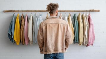 A man looking at a rack of clothes photo