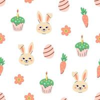 Happy Easter seamless pattern with rabbit and carrot on white background. Happy Easter hand drawn card. Flat illustration with partial outline. illustration. vector