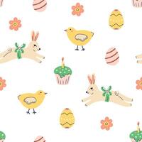Happy Easter seamless pattern with rabbit, chick and painted eggs on white background. Happy Easter hand drawn card. Flat illustration with partial outline. illustration. vector