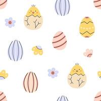 Happy Easter seamless pattern with chicken and painted eggs on white background. Happy Easter hand drawn card. Flat illustration with partial outline. illustration. vector