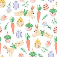 Happy Easter seamless pattern with bunny, chick and painted eggs on white background. Happy Easter hand drawn card. Flat illustration with partial outline. illustration. vector