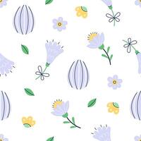 Happy Easter seamless pattern with flowers and painted eggs on white background. Happy Easter hand drawn card. Flat illustration with partial outline. illustration. vector