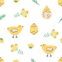 Happy Easter seamless pattern with chicken, flowers and painted eggs on white background. Happy Easter hand drawn card. Flat illustration with partial outline. illustration. vector