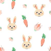 Happy Easter seamless pattern with rabbits and carrots on white background. Happy Easter hand drawn card. Flat illustration with partial outline. illustration. vector