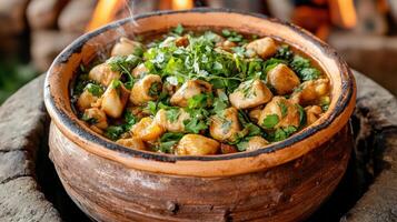 A pot filled with food and herbs sitting on top of an open fire photo