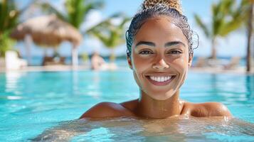 A woman smiling in the pool at a resort photo