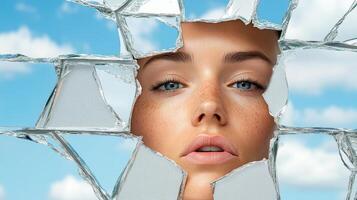 A woman's face through a broken glass window photo