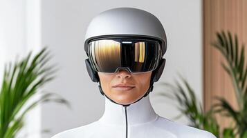 A woman wearing a white helmet and goggles photo