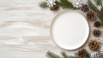 Christmas decoration on wooden table with white plate and pine cones photo