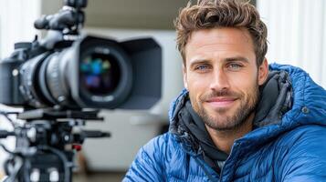 A man in a blue jacket is smiling while holding a camera photo