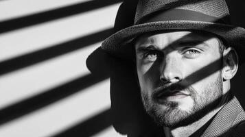 A man in a hat and suit is looking at the camera photo