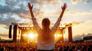 A woman with her arms up at a concert photo