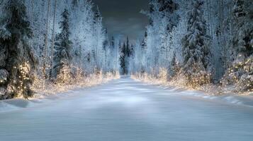 A snowy road lined with trees and lights photo