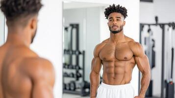 A man with a muscular body is looking at himself in the mirror photo