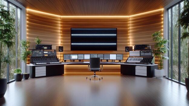 A recording studio with a large screen and a desk photo