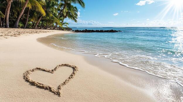 Heart on the beach with palm trees and sun photo