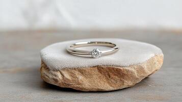 A diamond ring sitting on top of a rock photo
