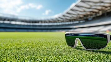 A pair of sunglasses on the grass of a soccer field photo