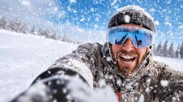 A man is taking a selfie in the snow photo