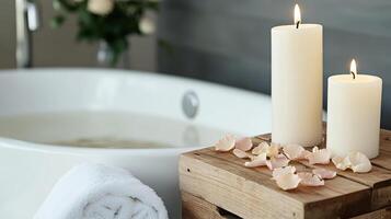 Candles and flowers in a bathtub photo