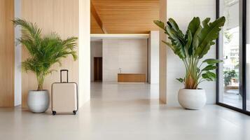 A white hallway with a suitcase and two potted plants photo