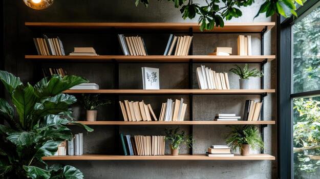 un libro estante con libros y plantas en frente de un ventana foto