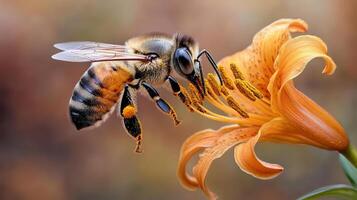 A bee is on a flower with a blurry background photo