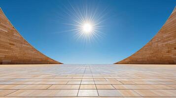 An empty room with a sun shining through the sky photo