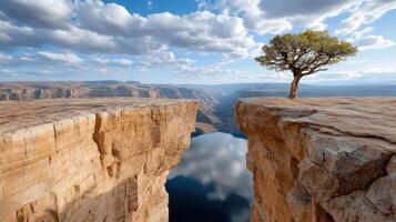 A lone tree stands on the edge of a cliff photo