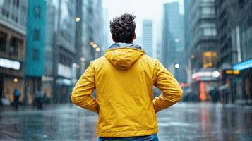 A man in a yellow jacket standing in the rain photo