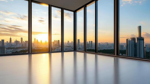 vacío habitación con ciudad ver a puesta de sol foto
