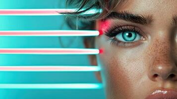A woman with neon lights on her face photo