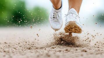 A person running in the sand with their shoes photo