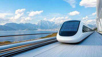 A futuristic train traveling on a track with mountains in the background photo