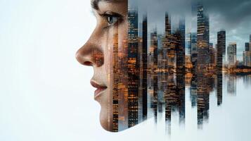 Double exposure of a woman's face with cityscape in the background photo