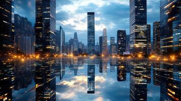 A city at night with skyscrapers reflected in water photo