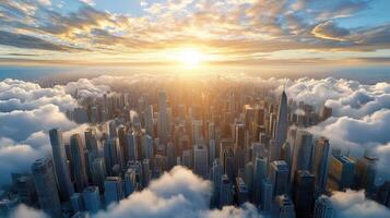 The sun is rising over a city in the clouds photo