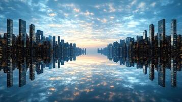 A city skyline with skyscrapers reflected in water photo