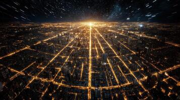 A city at night with lights and stars photo