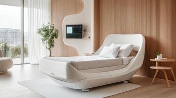 A bed with a white headboard and a television photo