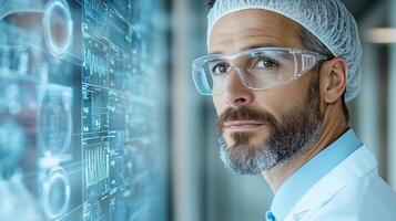 A man in a lab coat and glasses looking at a screen photo