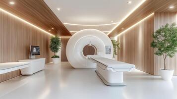A modern mri room with white walls and wood paneling photo