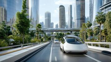 A futuristic electric car driving down a city street photo