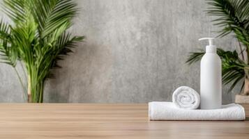 White towel and bottle of shampoo on wooden table with plant photo