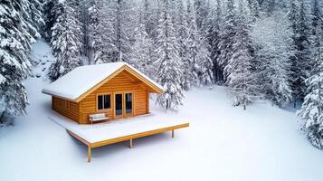 A small cabin in the snow surrounded by trees photo