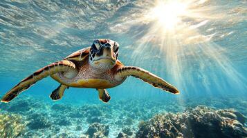 A turtle swimming in the ocean with sunlight shining on it photo