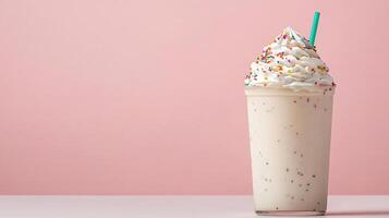 A white milkshake with sprinkles and a straw photo